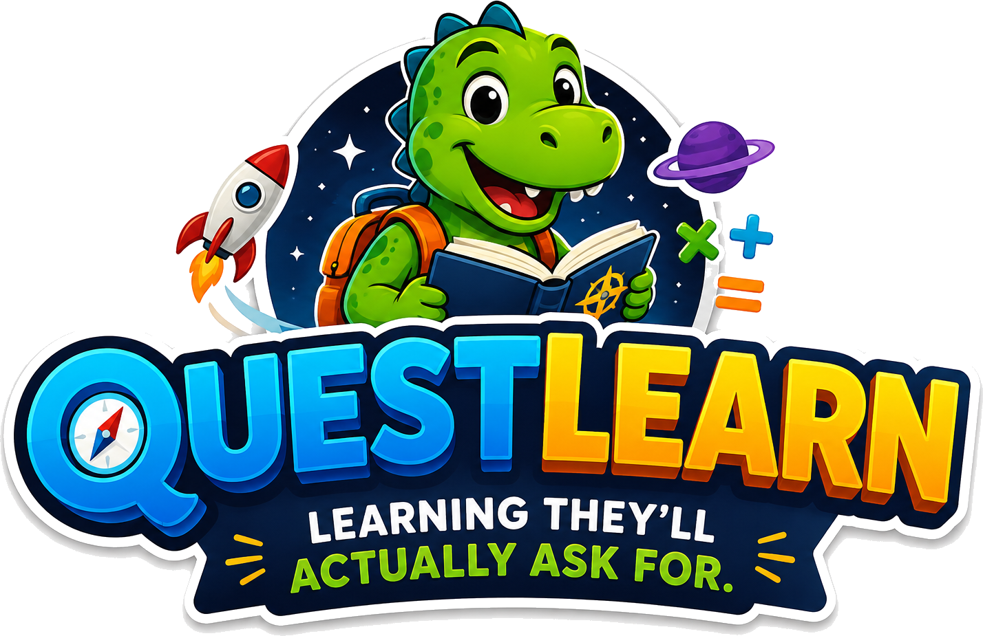 QuestLearn logo: a friendly dinosaur explorer reading a book among stars and planets