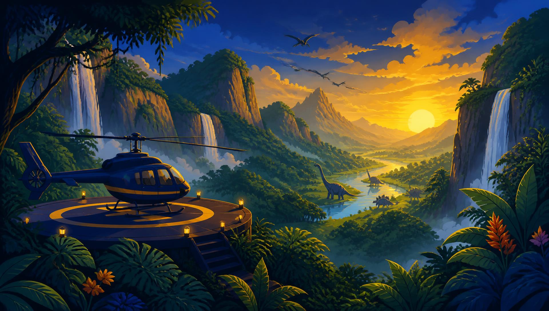 A hidden prehistoric valley at golden hour with waterfalls and distant dinosaurs